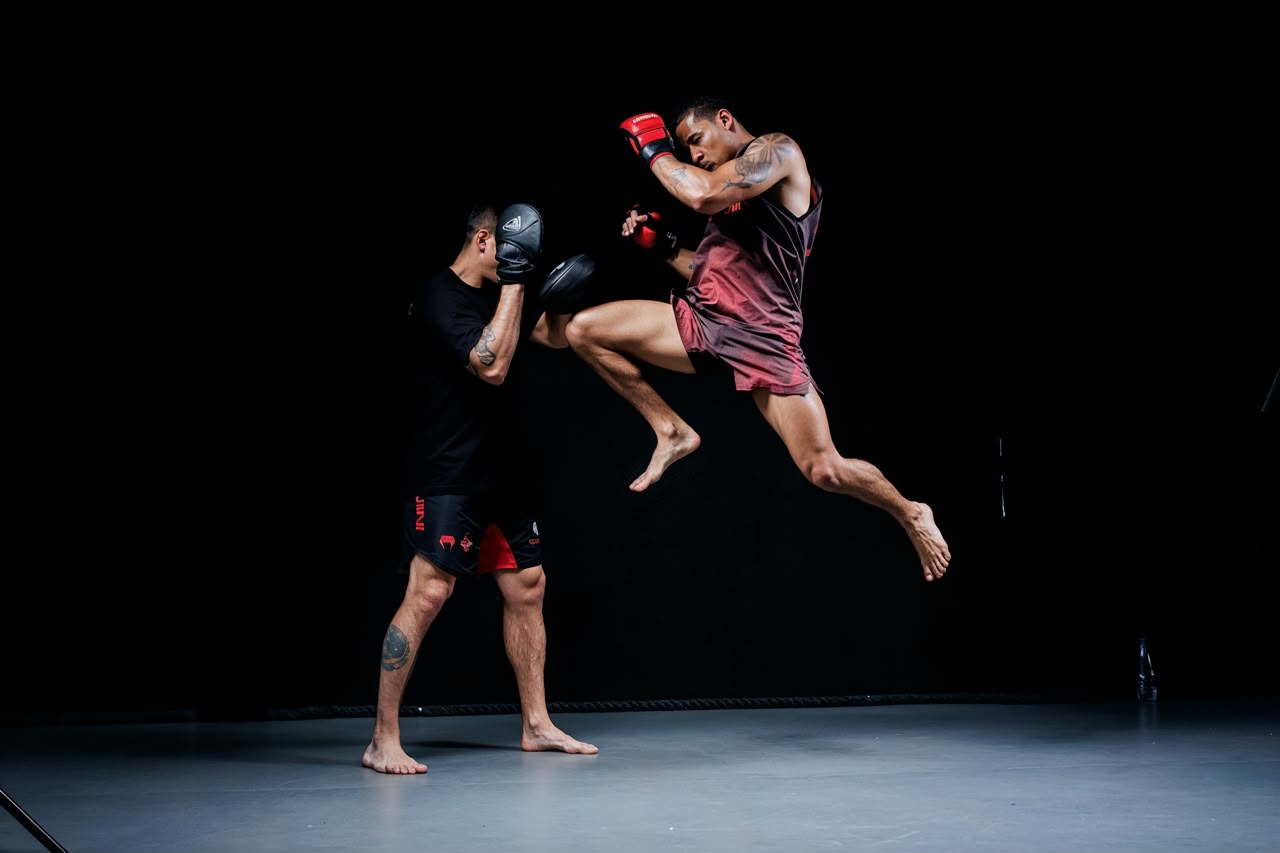 Treino de Muay Thai com joelhada voadora
